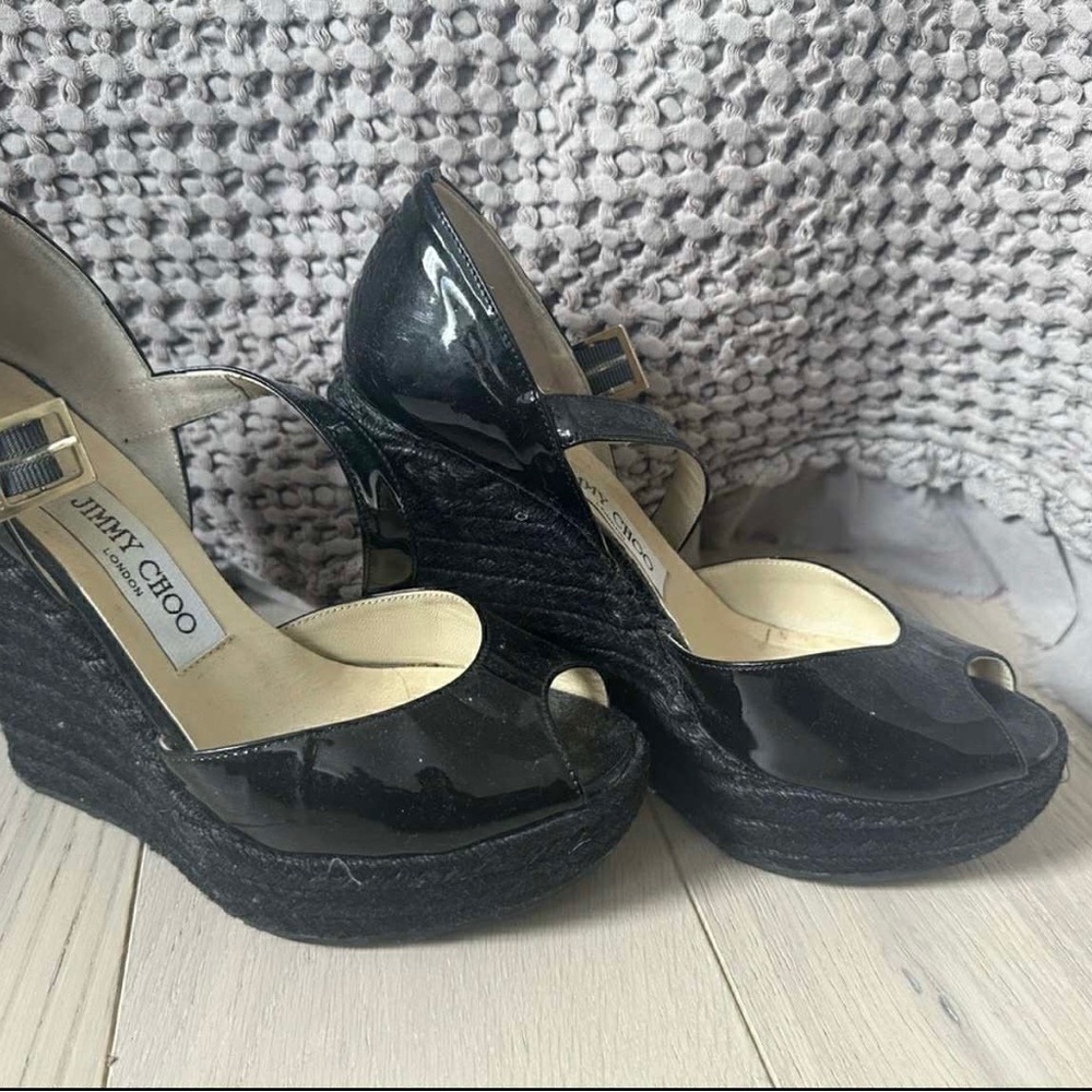 Jimmy Choo Glossy Black Peep-Toe Wedges